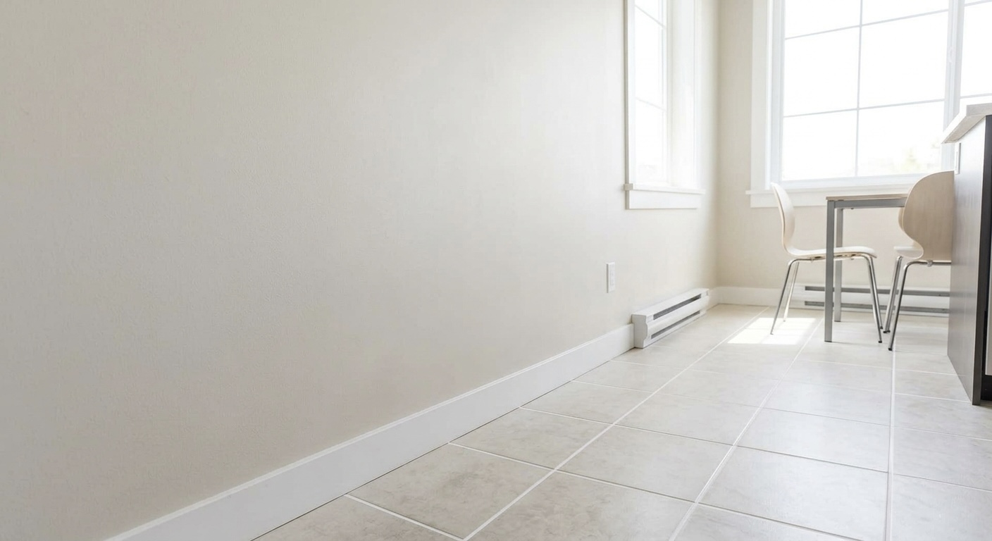 Tile floor and scuffed wall after cleaning