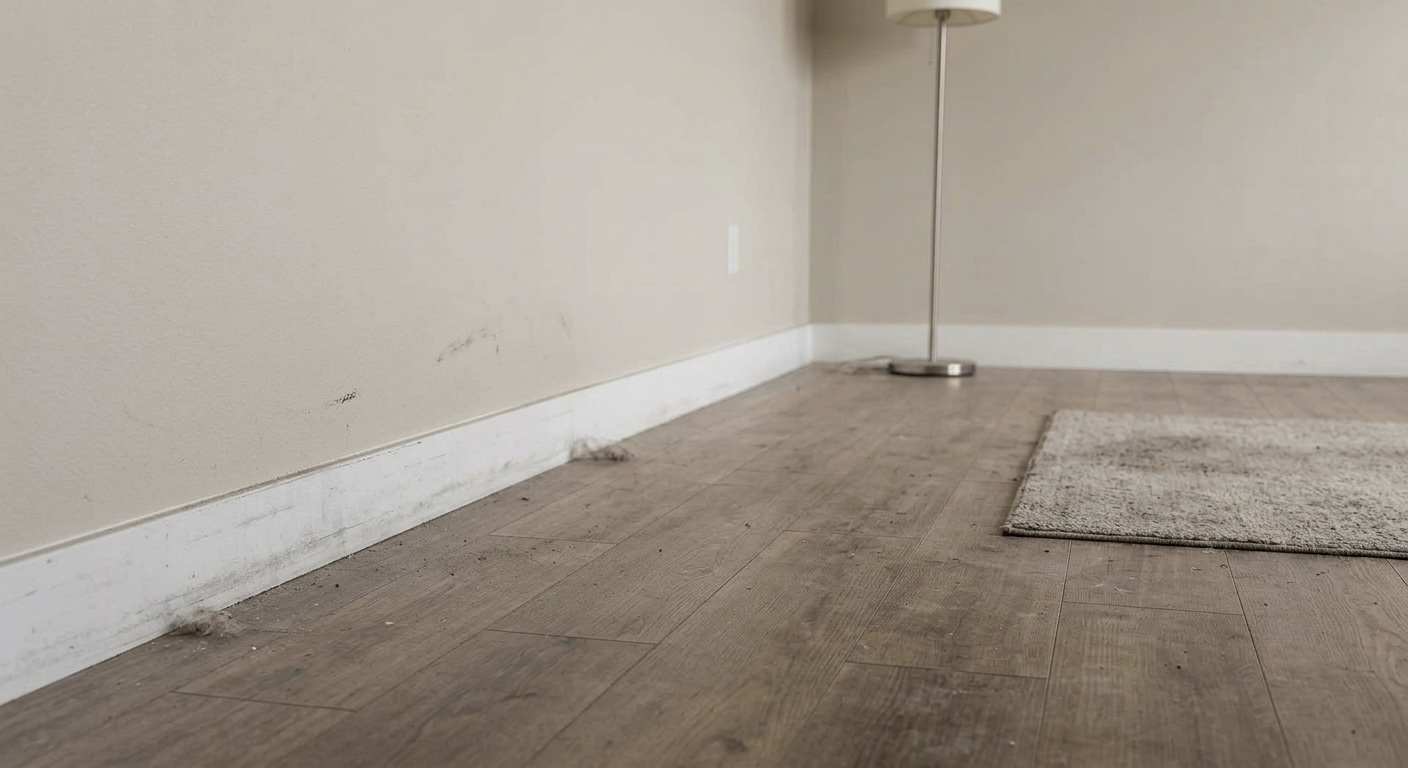 Living room floor and baseboards before cleaning