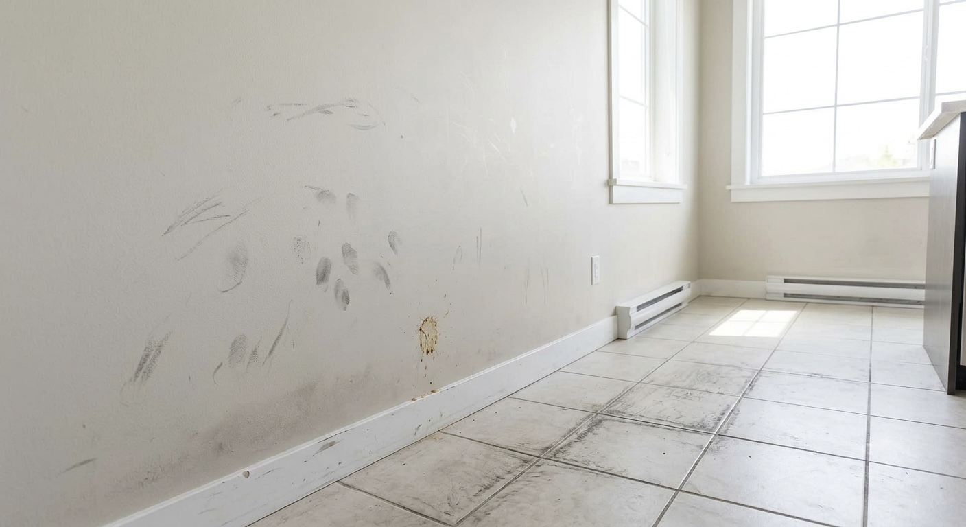 Tile floor and scuffed wall before cleaning