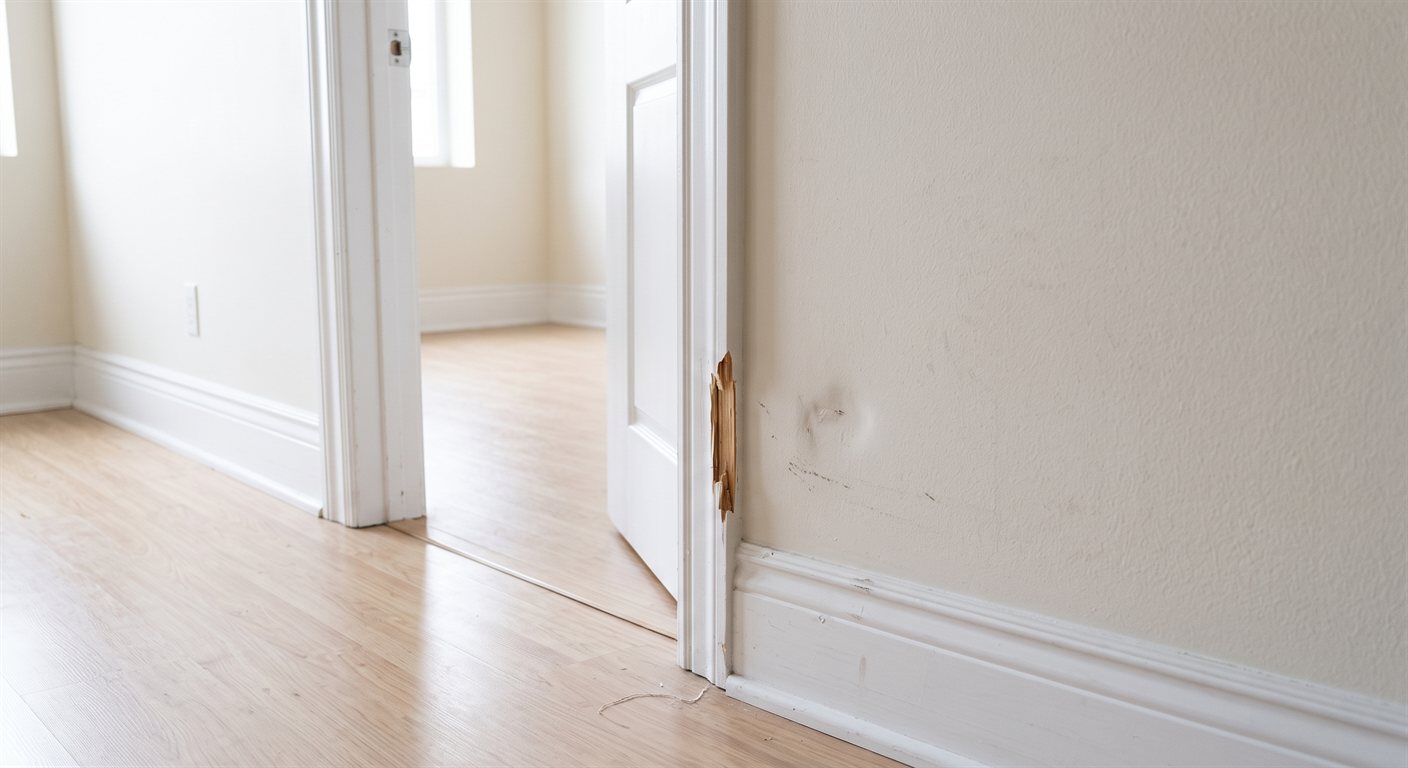 Damaged door frame and scuffed baseboard before repair